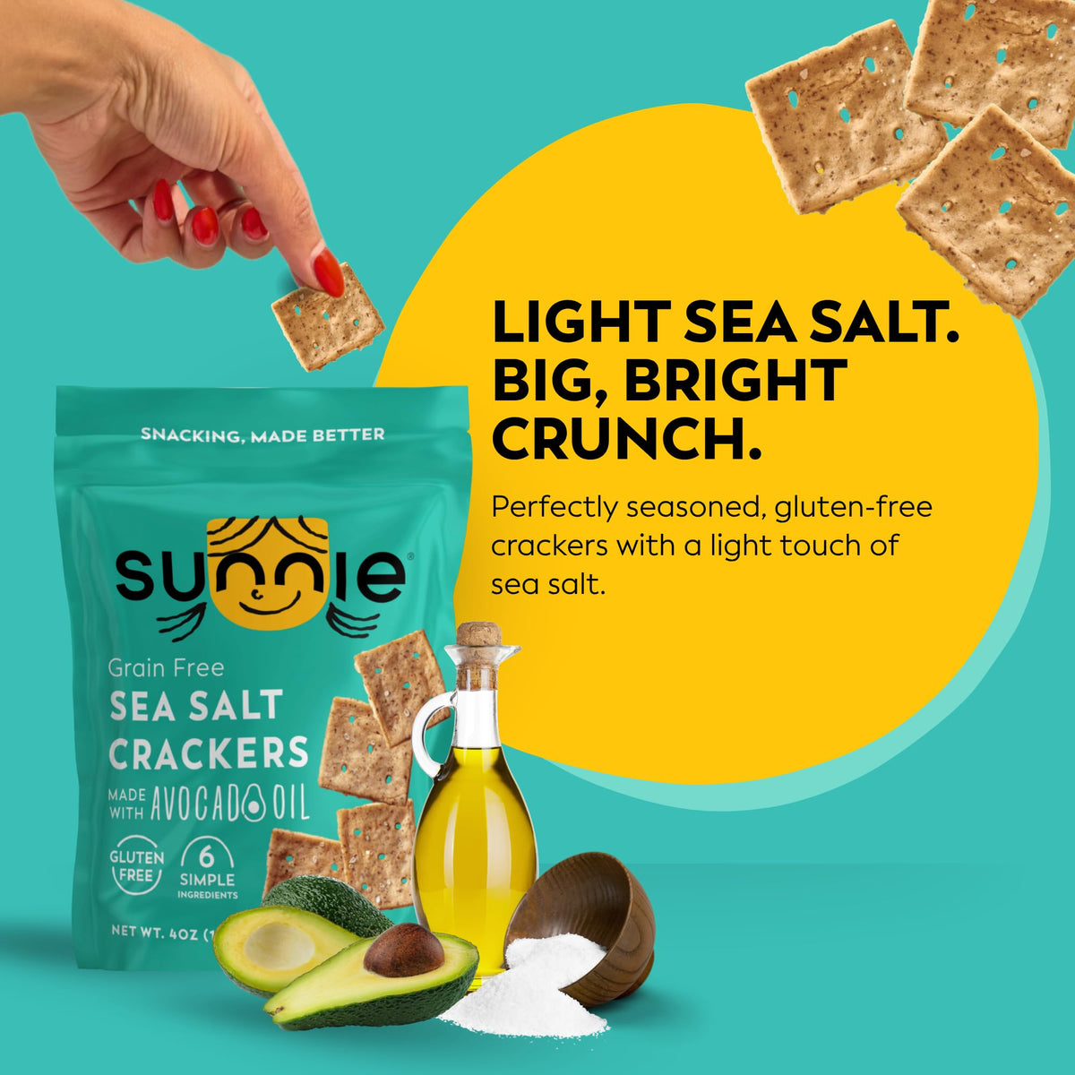 Sunnie gluten free crackers pack front, convenient six-pack for busy days.