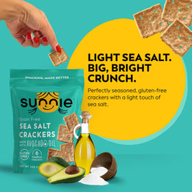 Sunnie gluten free crackers pack front, convenient six-pack for busy days.