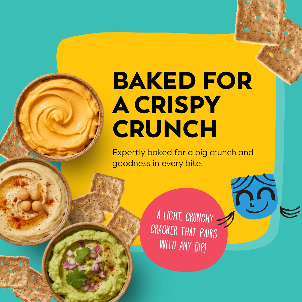 Sunnie grain-free crackers baked to crispy crunch for dipping