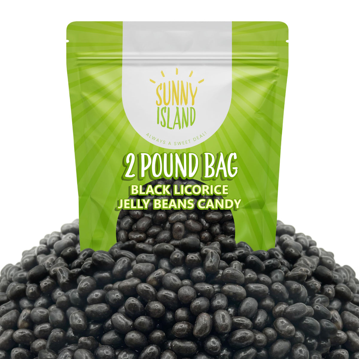 Sunny Island Black Licorice Jelly Beans bag front for bulk party treats.