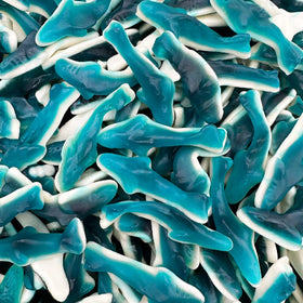 Sunny Island Blue Sharks Candy bag showing blue raspberry gummies, ideal for party favors.