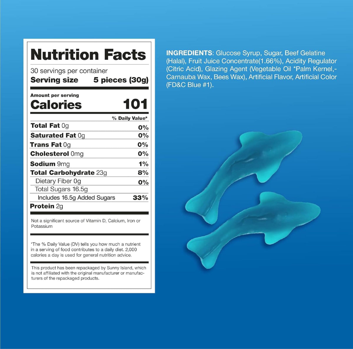Sunny Island Blue Sharks Candy arranged for a party setup with ocean-themed accents.