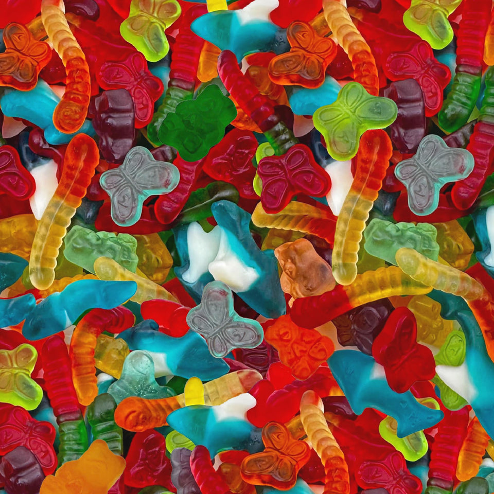Sunny Island Blue Sharks gummies for playful party displays and candy buffets.