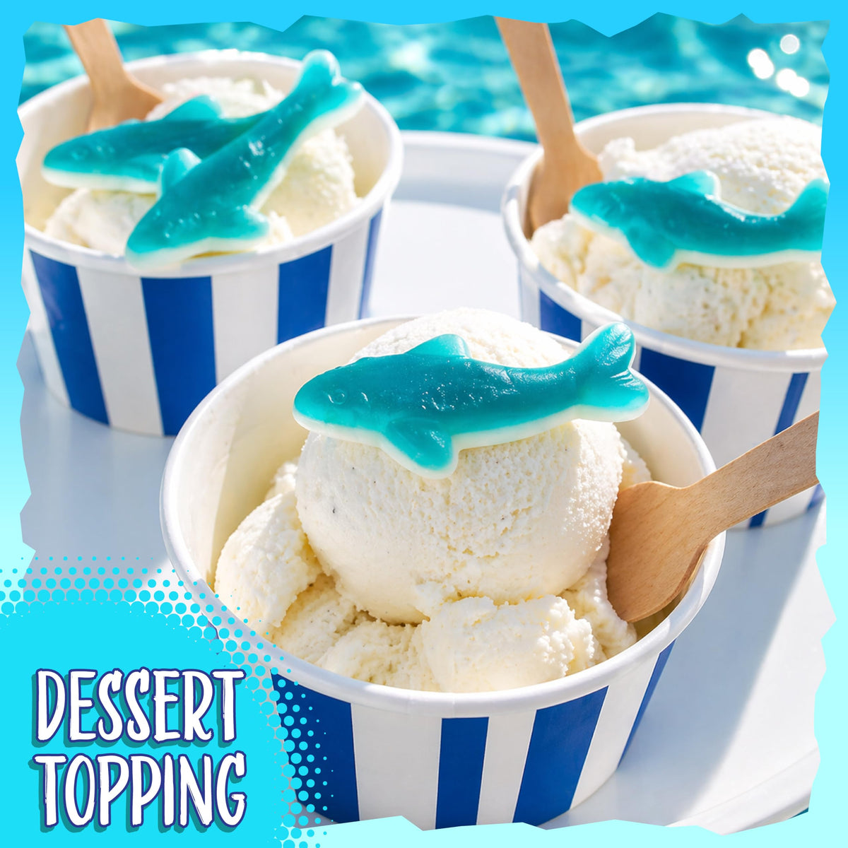Sunny Island Blue Sharks gummies with marshmallow bottom for a soft bite