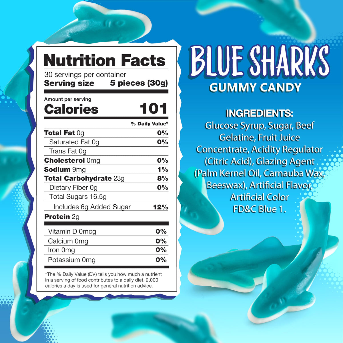 Sunny Island Blue Sharks gummies top view showing blue raspberry top