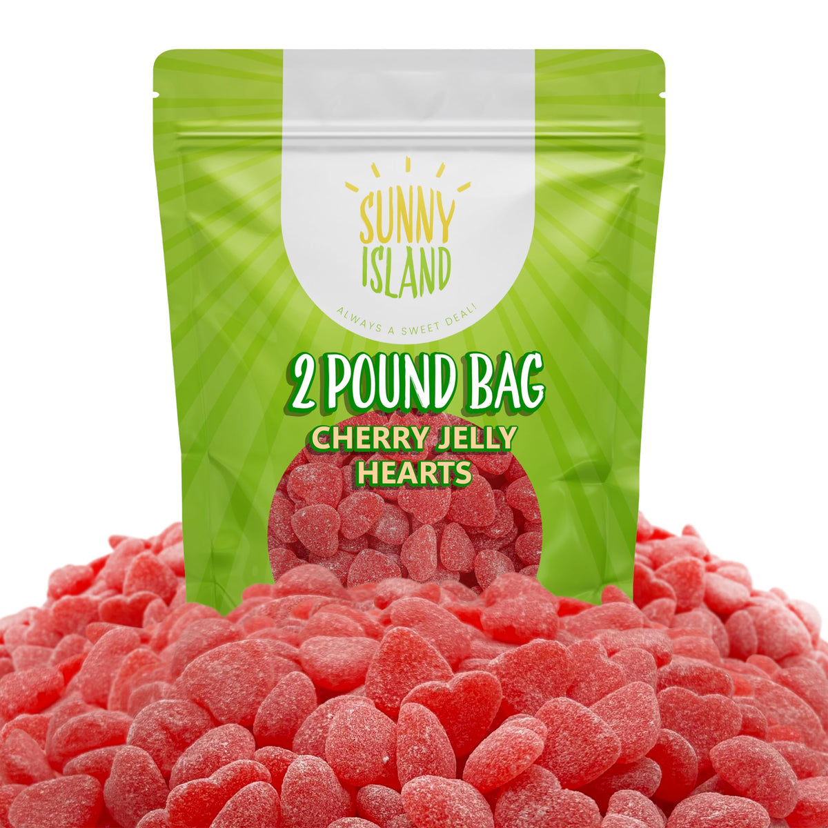 Sunny Island Candy Hearts cherry jelly close-up with glossy red texture, ideal for gifting.