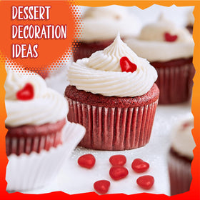 SUNNY ISLAND Cinnamon Hearts scattered on a dessert platter.