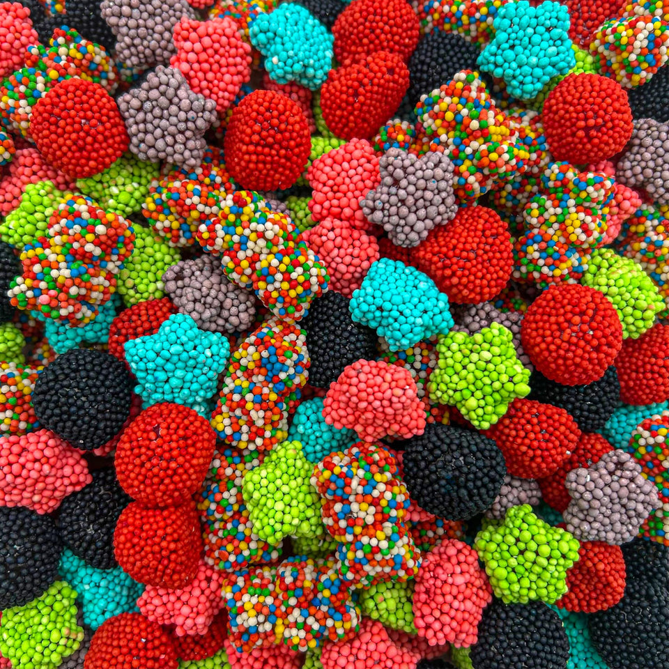 Sunny Island Crunchy Gummy Bears with rainbow nonpareils for sharing at parties