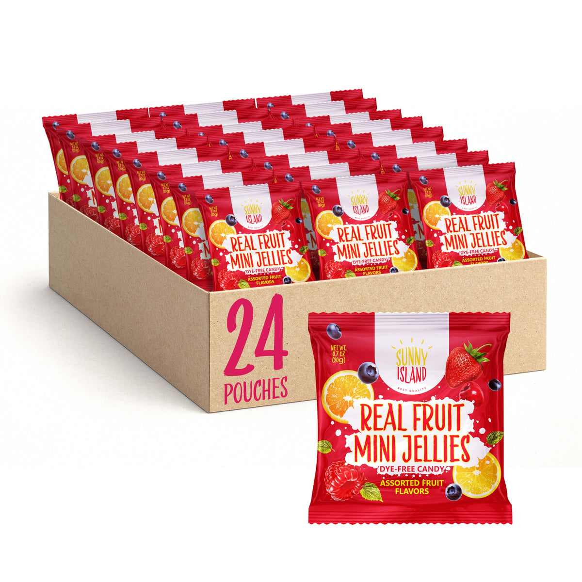 Sunny Island Fruit Jelly Candy raspberry bite in a 24-pack, naturally flavored for clean snacking.