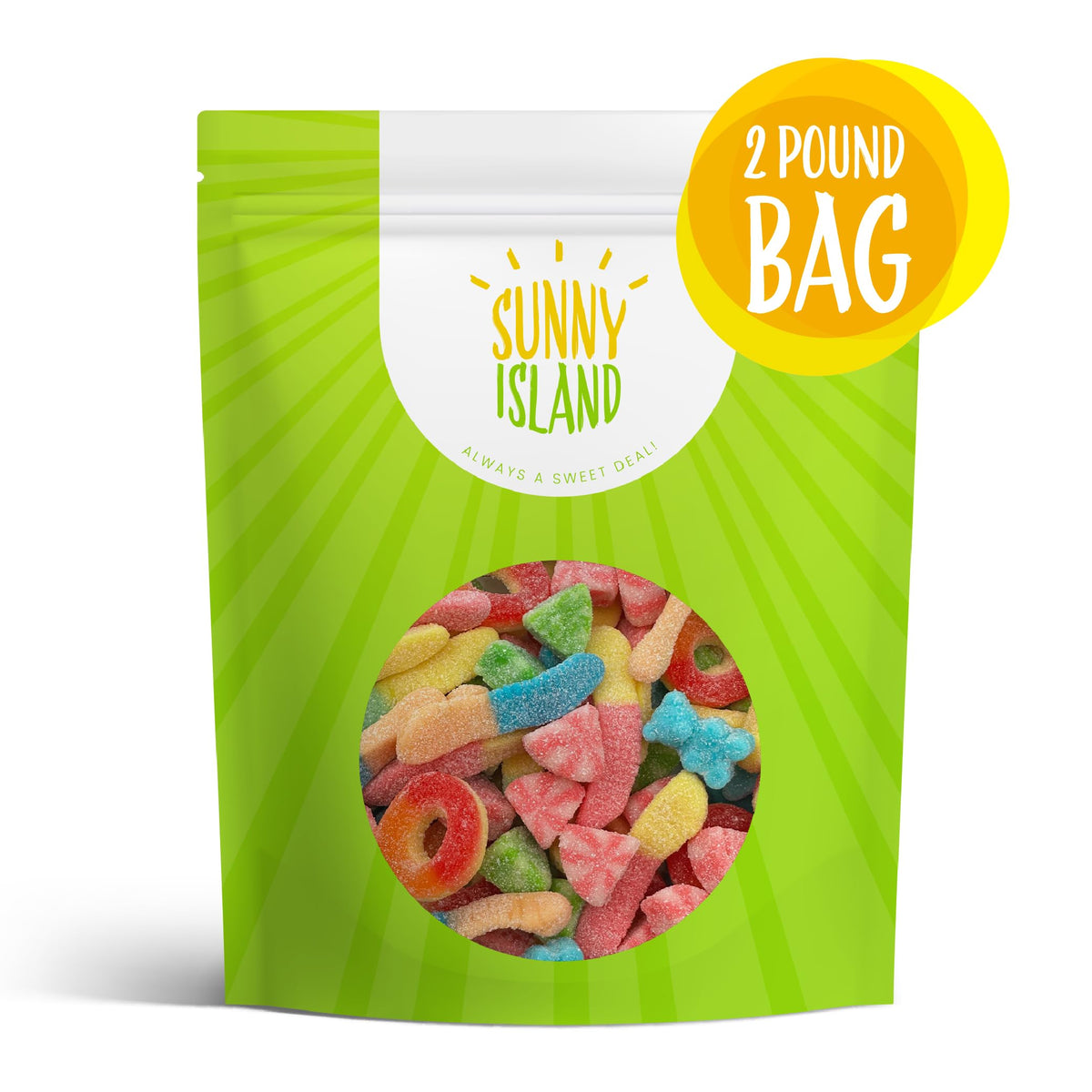 Sunny Island peach rings closeup highlighting fruity flavor and party-ready toppers