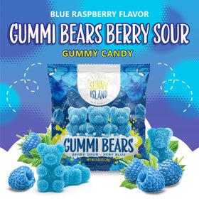 Sunny Island raspberry jelly bears closeup reveals chewy texture and vibrant blue color