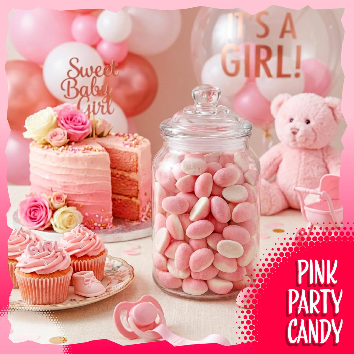 Sunny Island baby shower favors with pink strawberry gummies—light and crowd-pleasing.