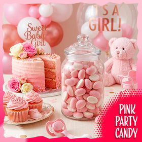 Sunny Island baby shower favors with pink strawberry gummies—light and crowd-pleasing.