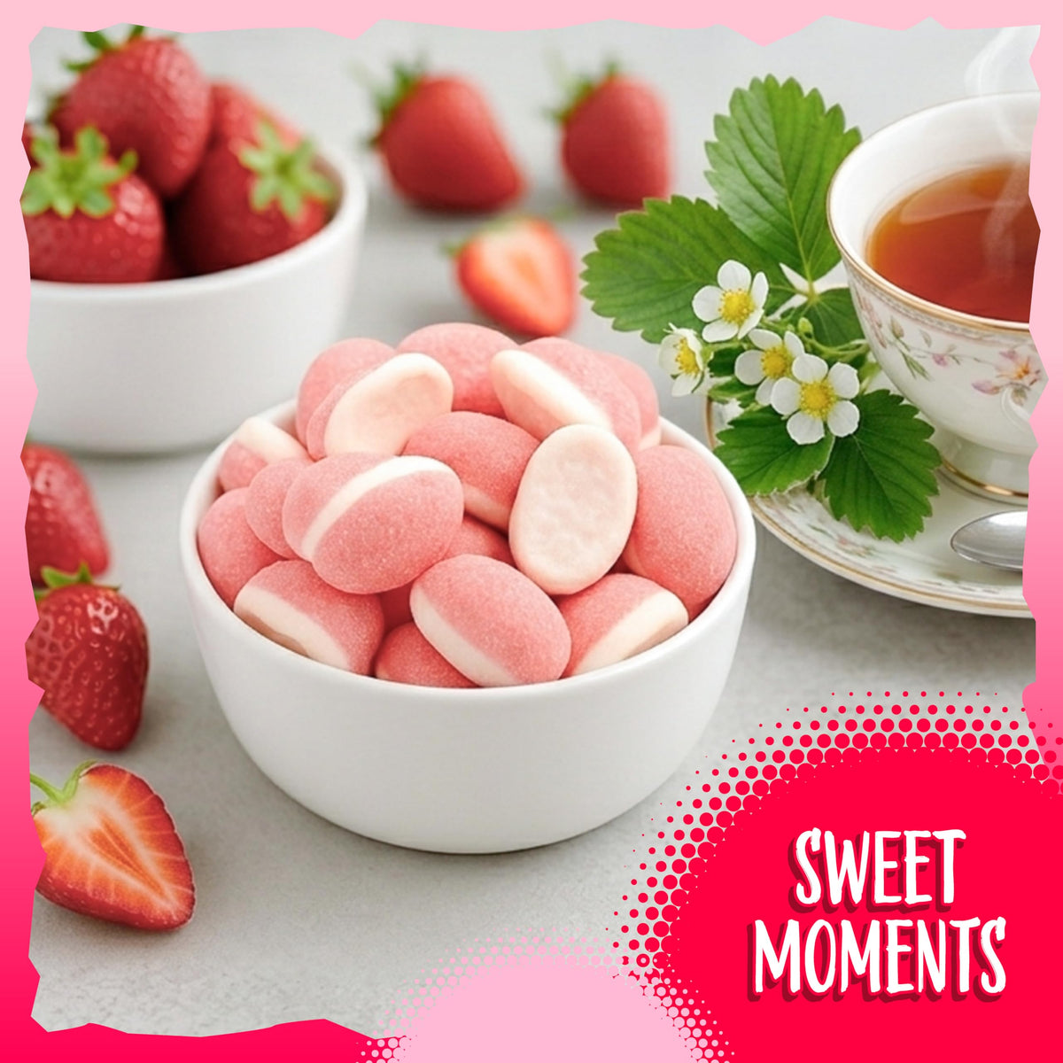 Sunny Island pink strawberry puffy candy used as cake toppers and dessert decor.