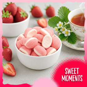 Sunny Island pink strawberry puffy candy used as cake toppers and dessert decor.
