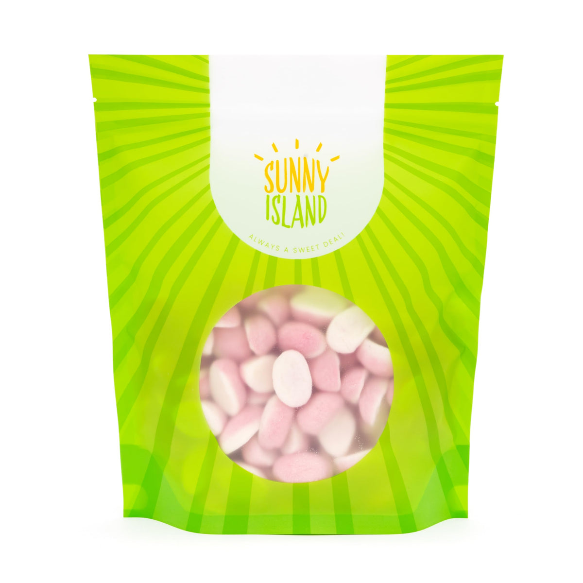 Sunny Island party decor uses pink strawberry gummies to enhance dessert tables.