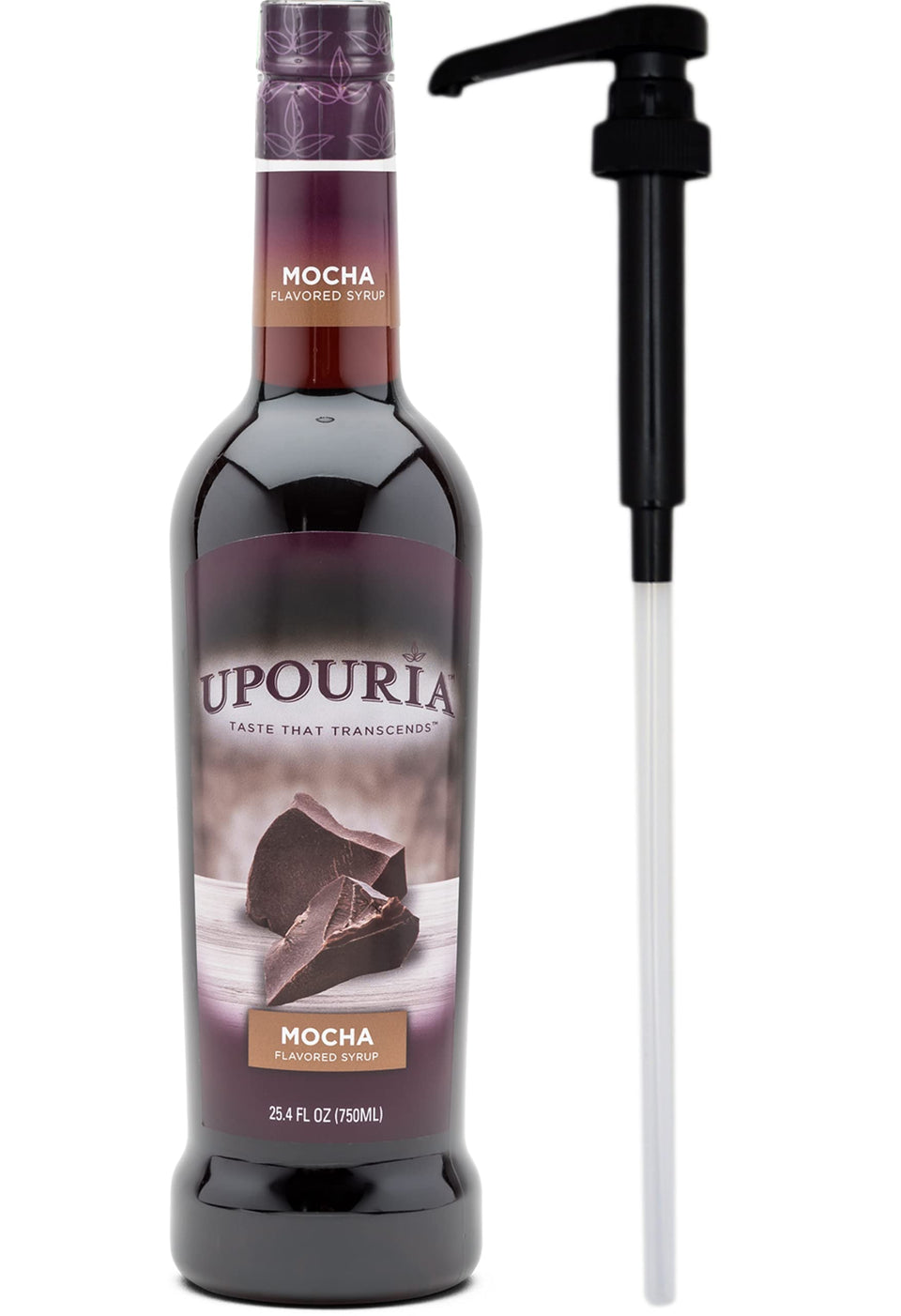 Sunny Sky Upouria Mocha syrup bottle with pump for rich coffee flavor.