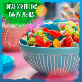 Sunny Island candy buffet display idea featuring gummy sharks and frogs for guests