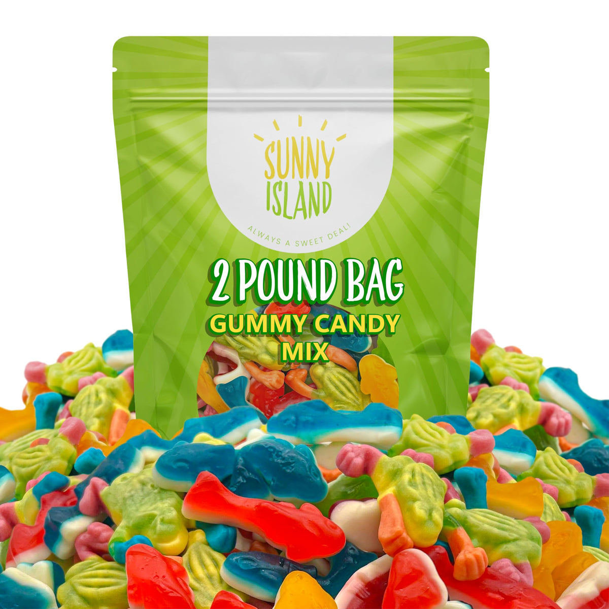 Sunny Island gummy sharks close-up showing colorful fruit flavors and playful shapes