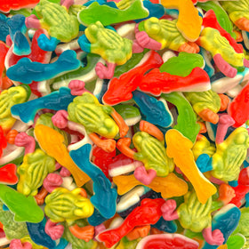 Sunny Island gummy sharks and leaping frogs in a 2lb bulk bag for party candy spread