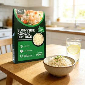 Back view of Sunnyside dry shirataki rice 4pack displays nutrition and gluten-free appeal.
