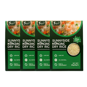 Front view of Sunnyside dry shirataki rice 4pack, showcasing convenient vegan meal option.