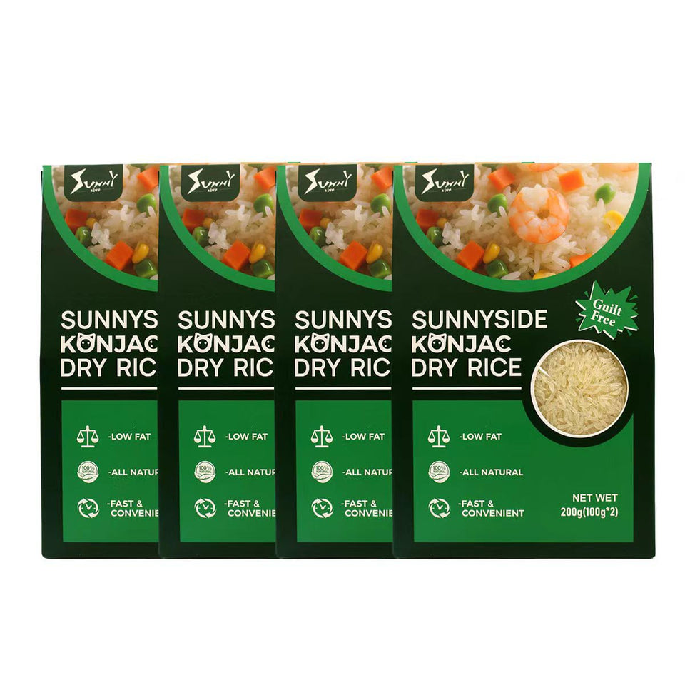 Front view of Sunnyside dry shirataki rice 4pack, showcasing convenient vegan meal option.