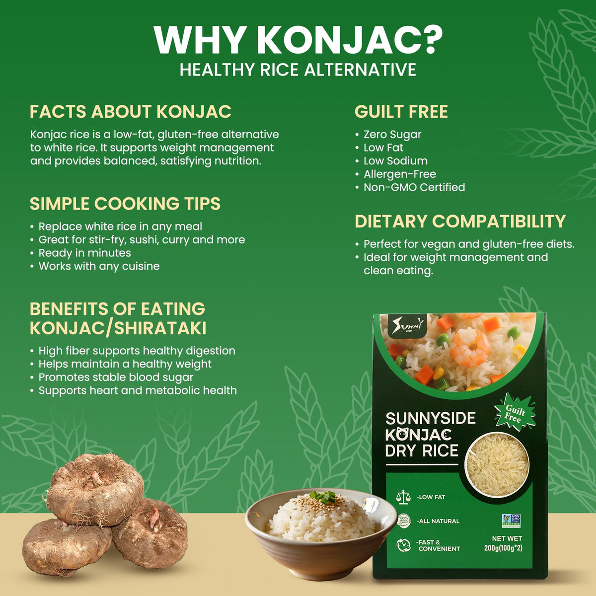 Sunnyside konnyaku root ingredients show vegan, gluten-free foundation.