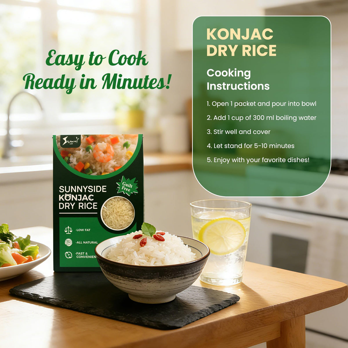 Sunnyside ready-in-minutes pack illustrates quick meal prep option.