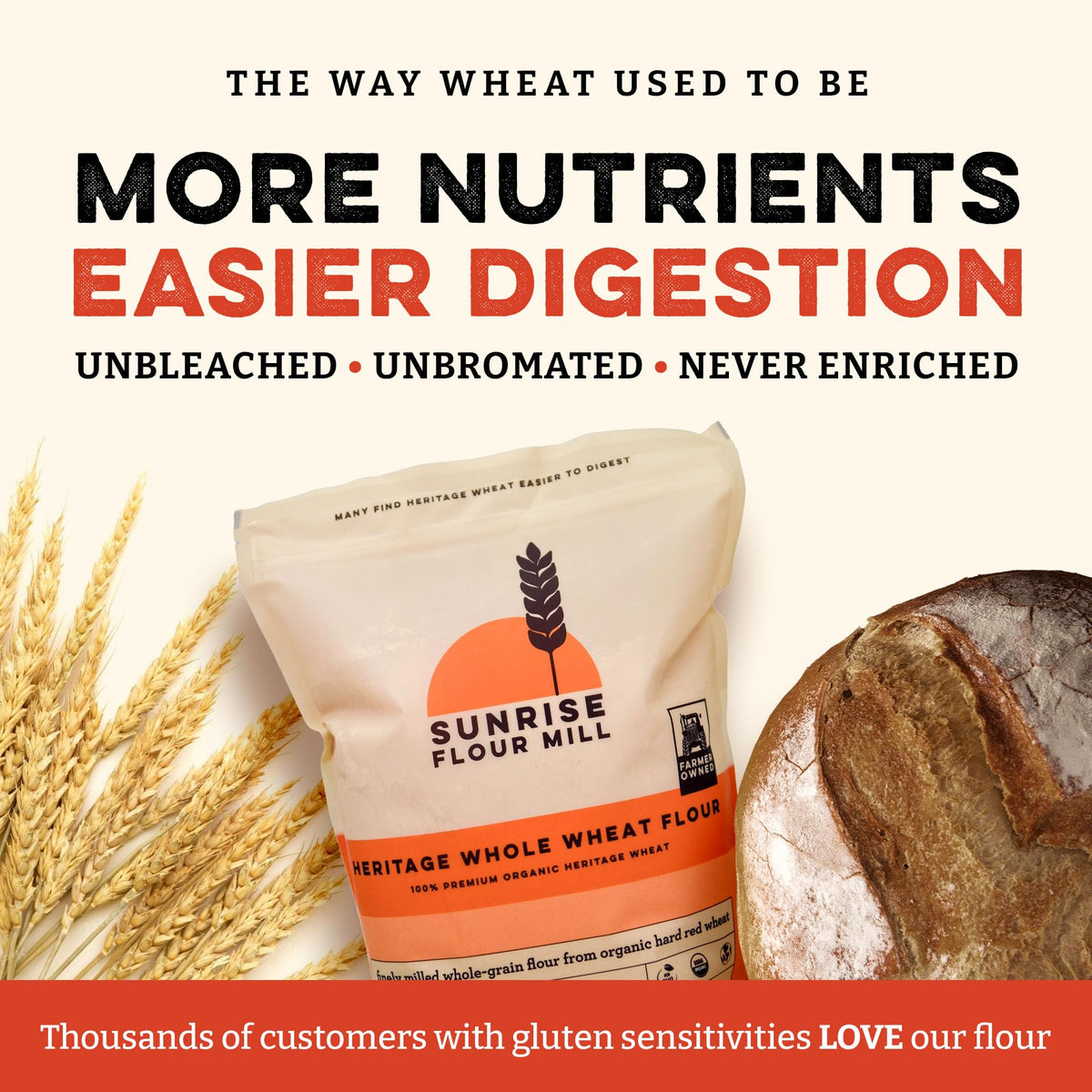 Sunrise Flour Mill baked loaf demonstrates loft and tender crumb from ultra-fine flour.