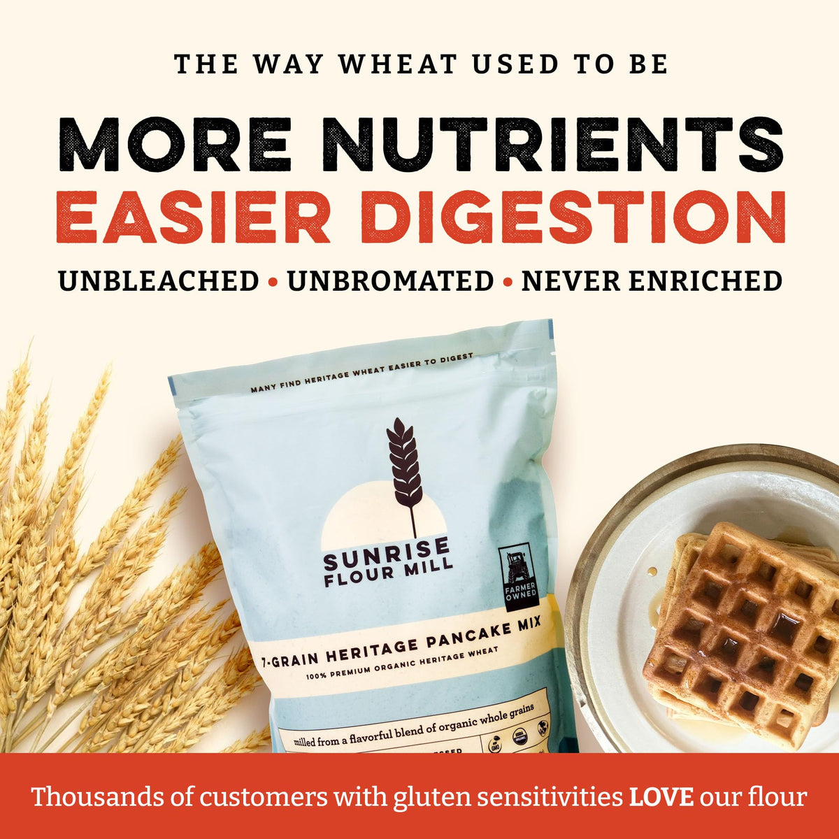Sunrise Flour Mill fluffy waffles on plate show airy texture