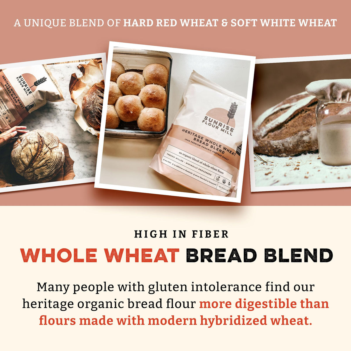 Sunrise Flour Mill heritage bread blend bag front—USDA Organic, non-GMO credentials.