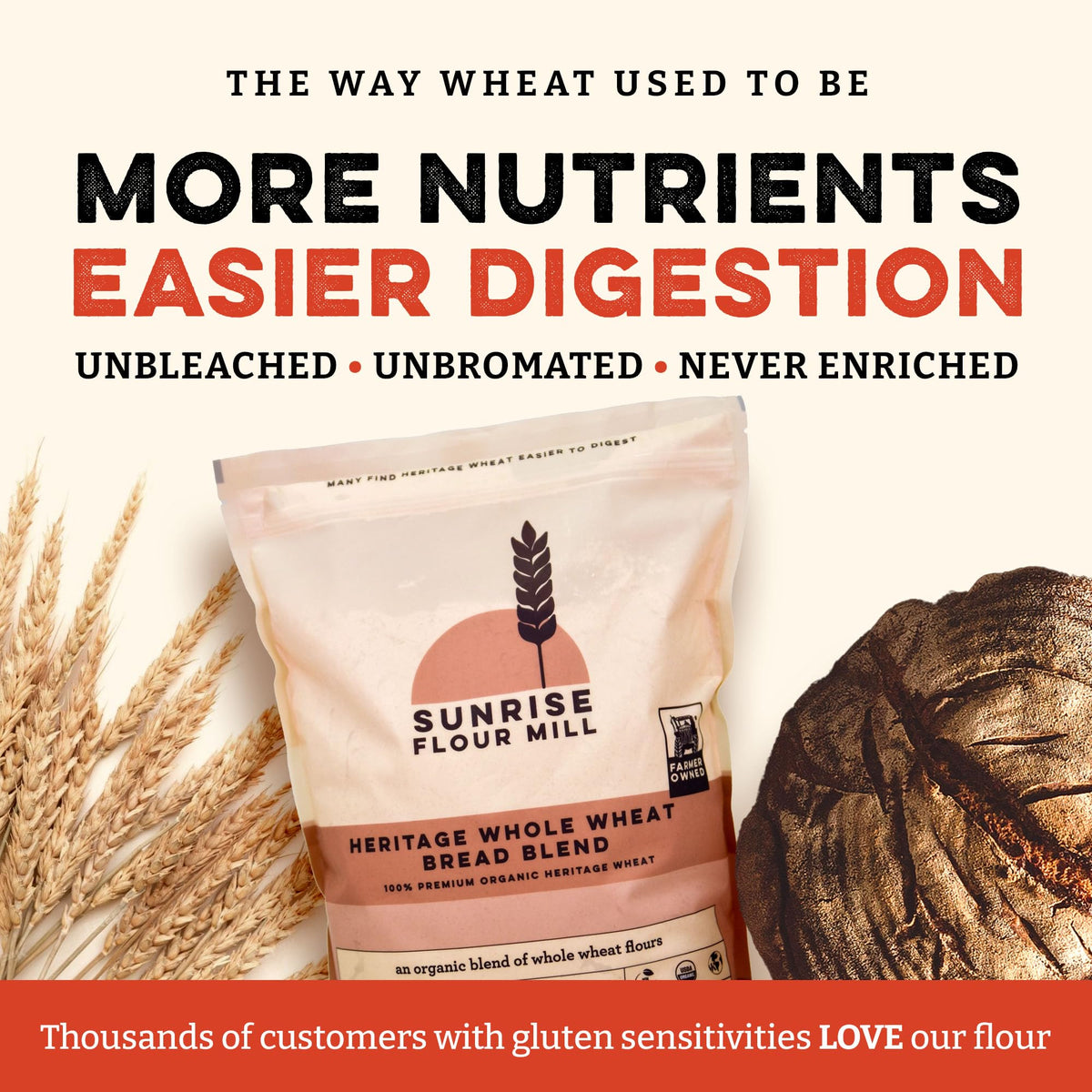 Sunrise Flour Mill heritage bread blend loaf cutaway—consistent rise with golden crust.