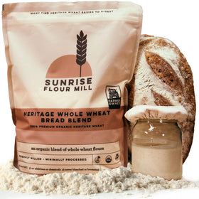 Sunrise Flour Mill heritage bread blend pack shot—organic, versatile flour for rustic loaves.