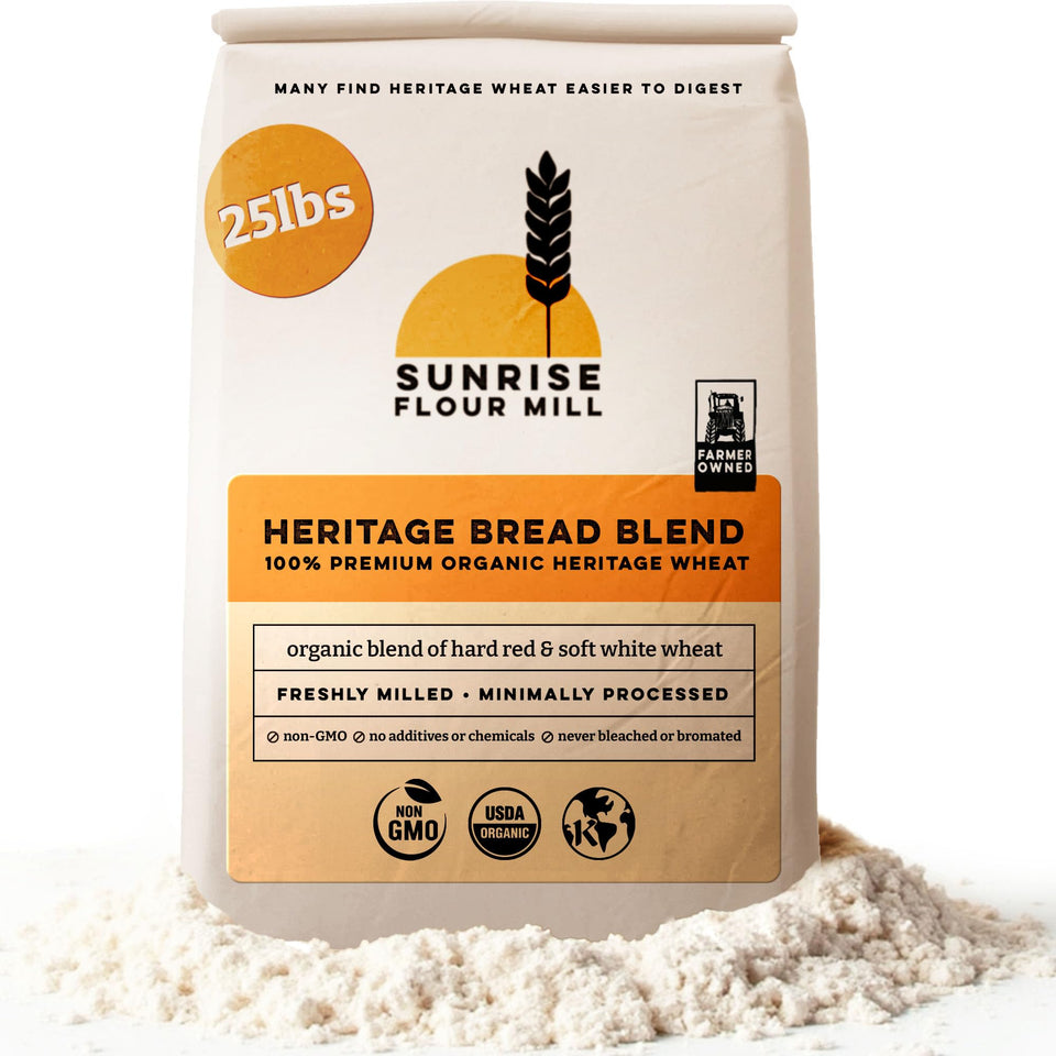 Sunrise Flour Mill heritage bread flour bag highlighting premium, unbleached protein for bakery-quality loaves