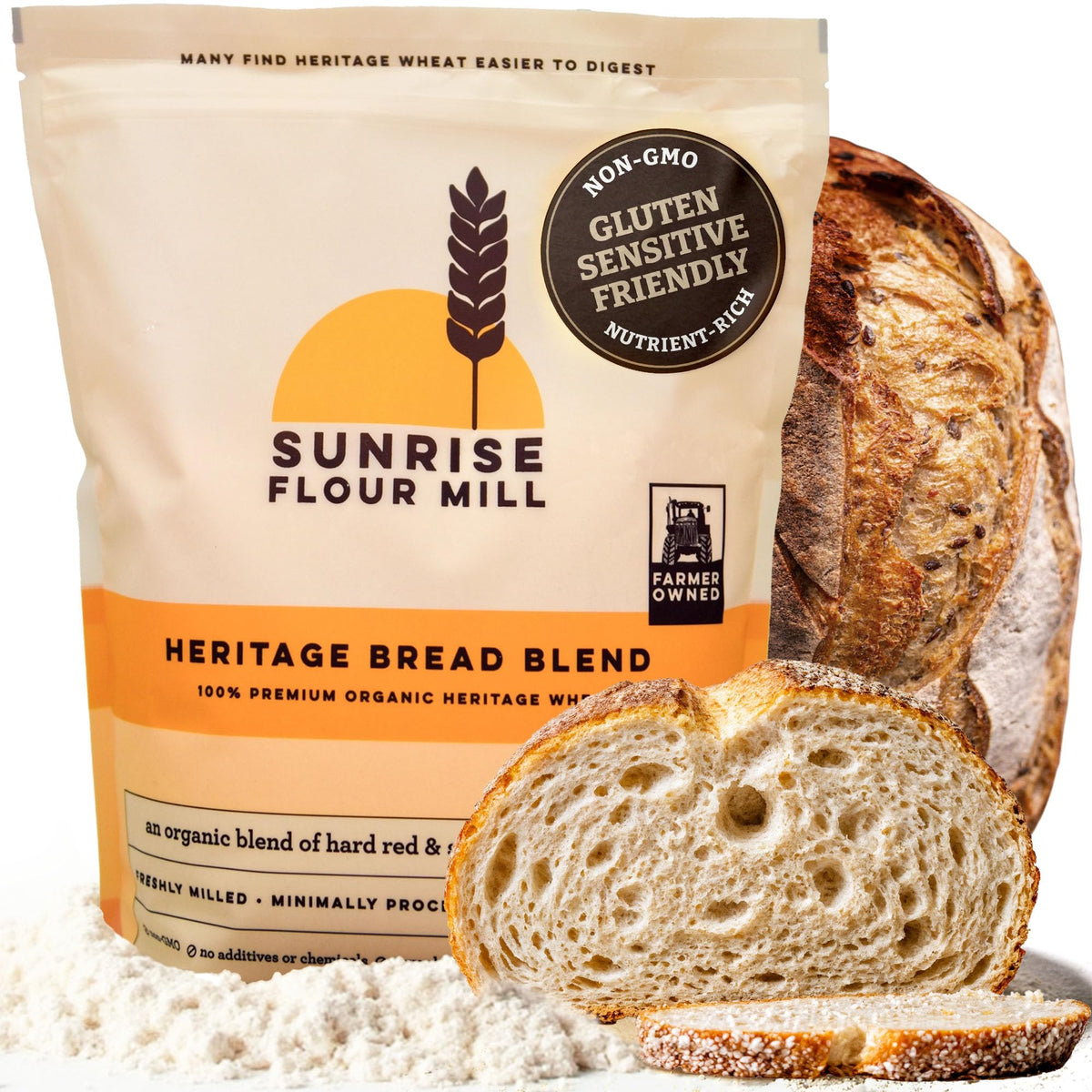 Sunrise Flour Mill heritage bread flour bag shows nutty aroma and smooth color.