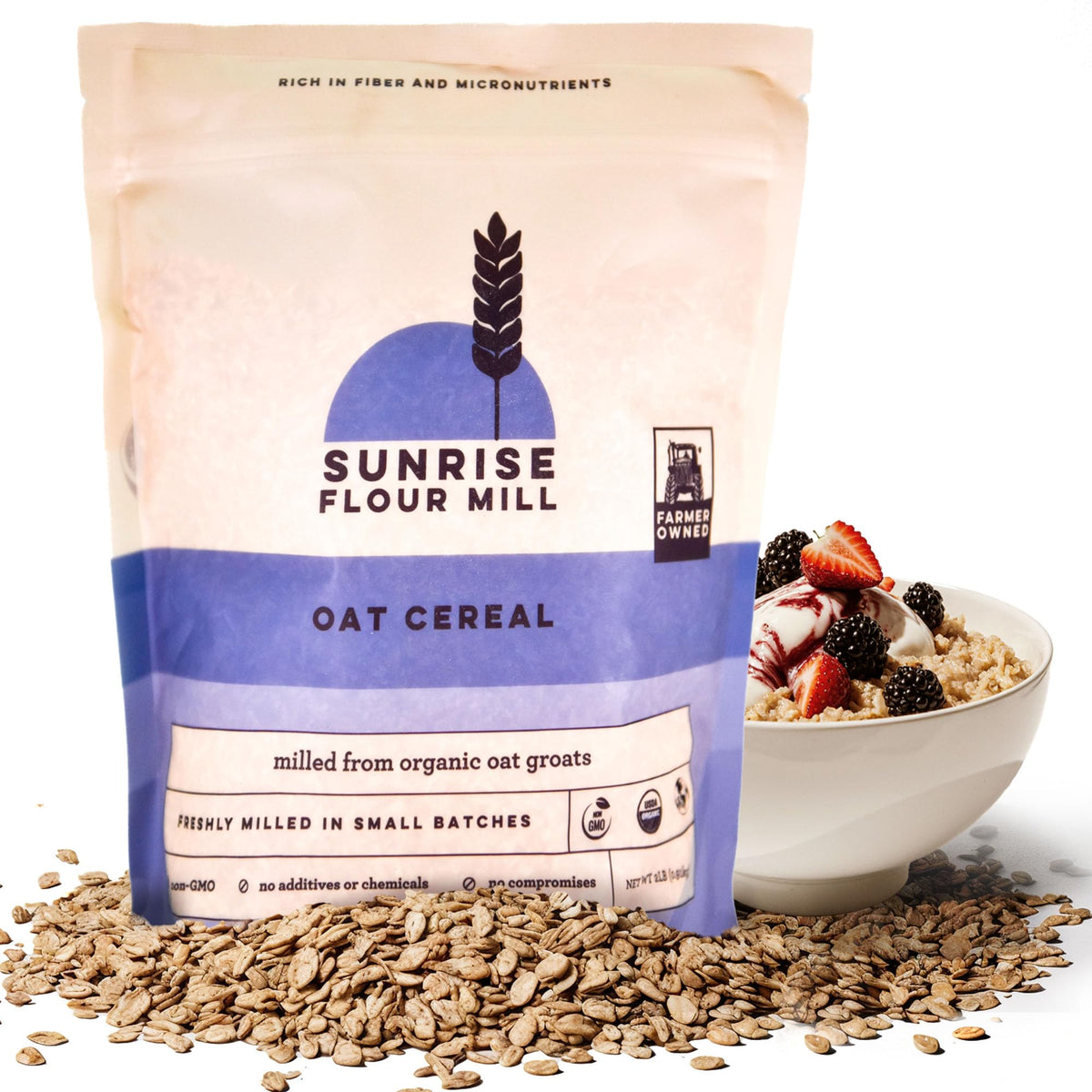 Sunrise Flour Mill heritage oat cereal bowl showing high-fiber texture for a filling breakfast