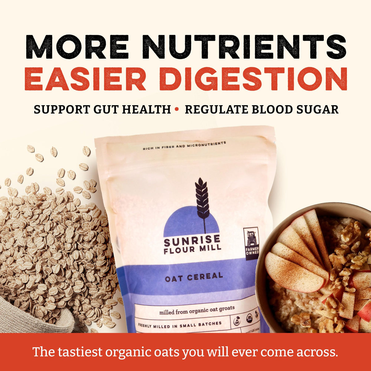 Ingredients label of Sunrise Flour Mill heritage oat cereal emphasizing organic, non-GMO quality