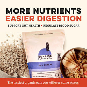 Ingredients label of Sunrise Flour Mill heritage oat cereal emphasizing organic, non-GMO quality