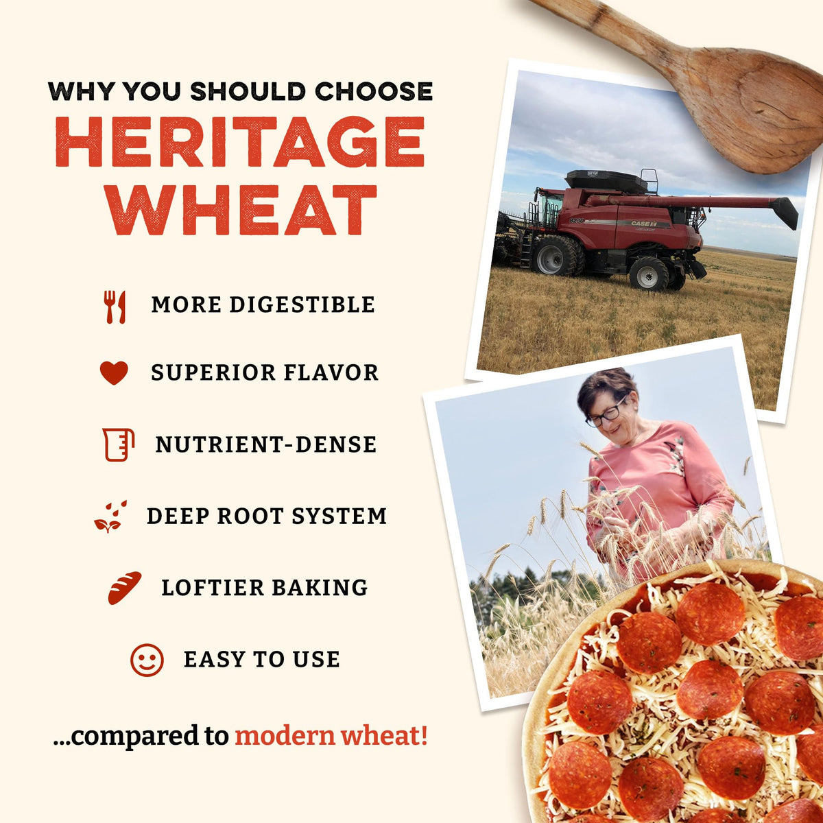 Close-up of Sunrise Flour Mill Heritage Pizza Flour bag, highlighting organic heritage wheat and zero additives.