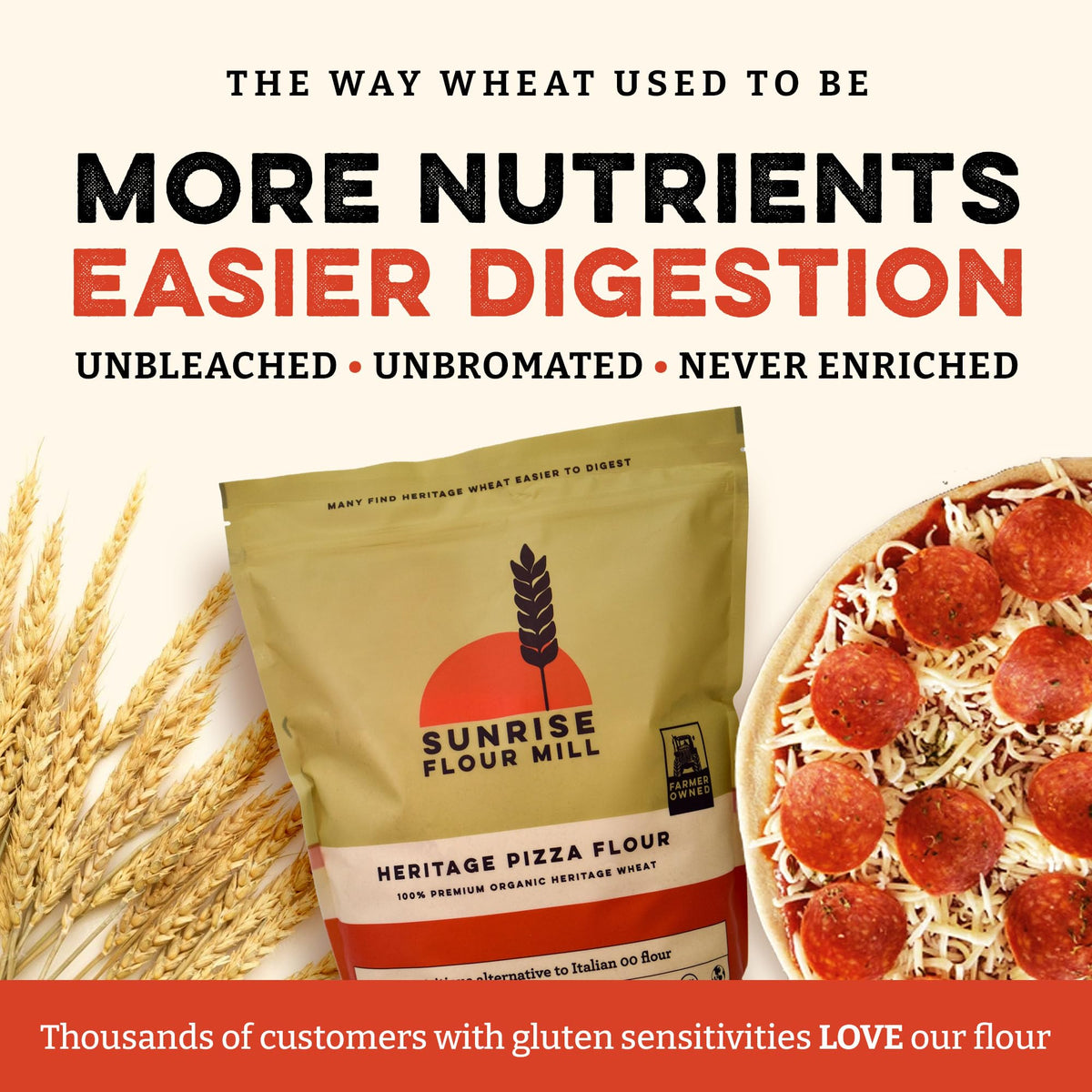 Oven-baked crust achieved with Sunrise Flour Mill Heritage Flour for a golden crust.