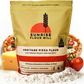 Sunrise Flour Mill heritage pizza flour packaging highlights organic heritage wheat and zero additives.