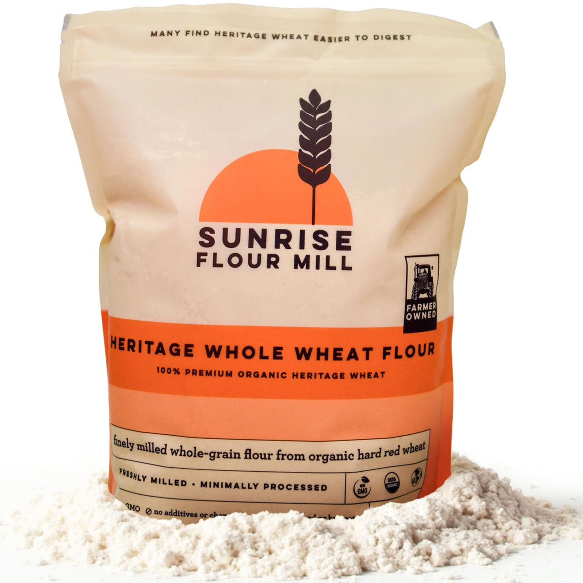 Sunrise Flour Mill Heritage Whole Wheat Flour packaging highlights organic purity for clean baking.