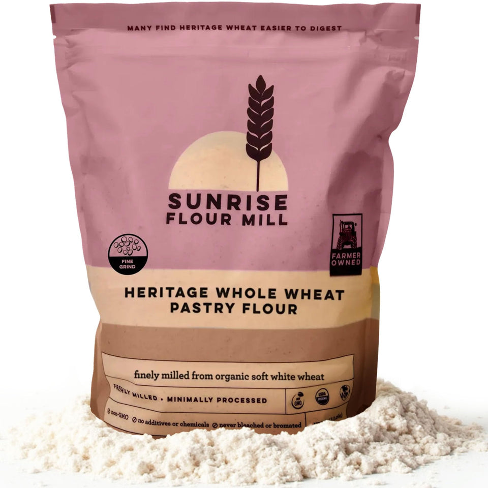 Sunrise Flour Mill heritage wheat pastry flour 2lb pack with ultra-fine texture for delicate pastries.