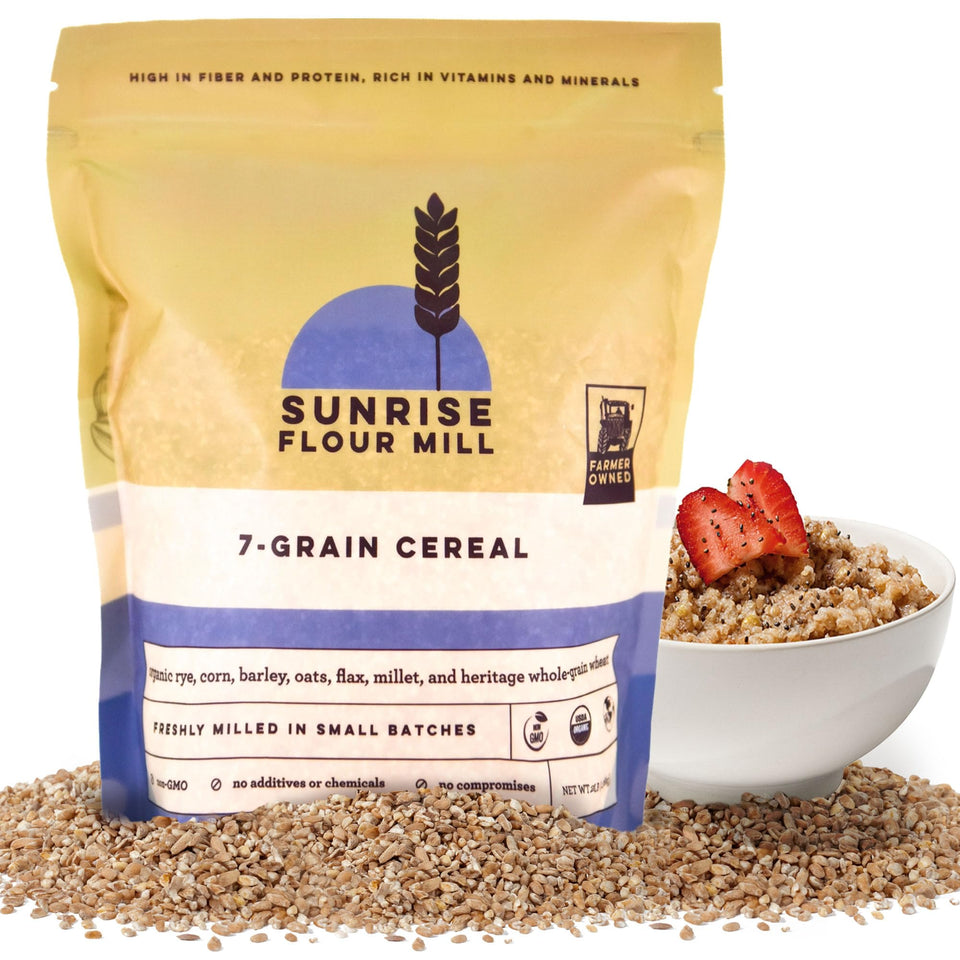 Sunrise Flour Mill seven-grain hot cereal mix bag, organic grains for a wholesome breakfast.