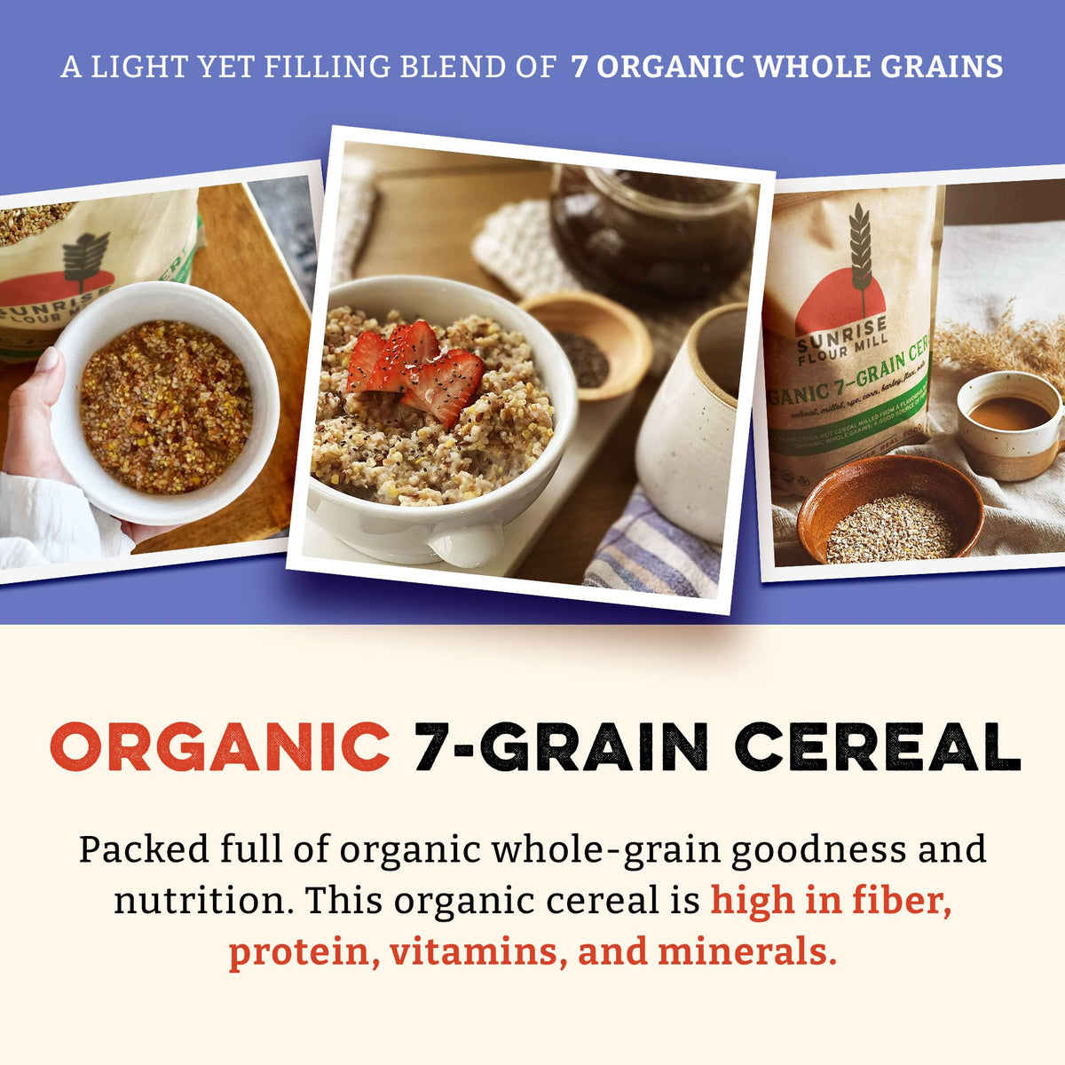 Sunrise Flour Mill seven-grain hot cereal mix grains close-up of wholesome ingredients.