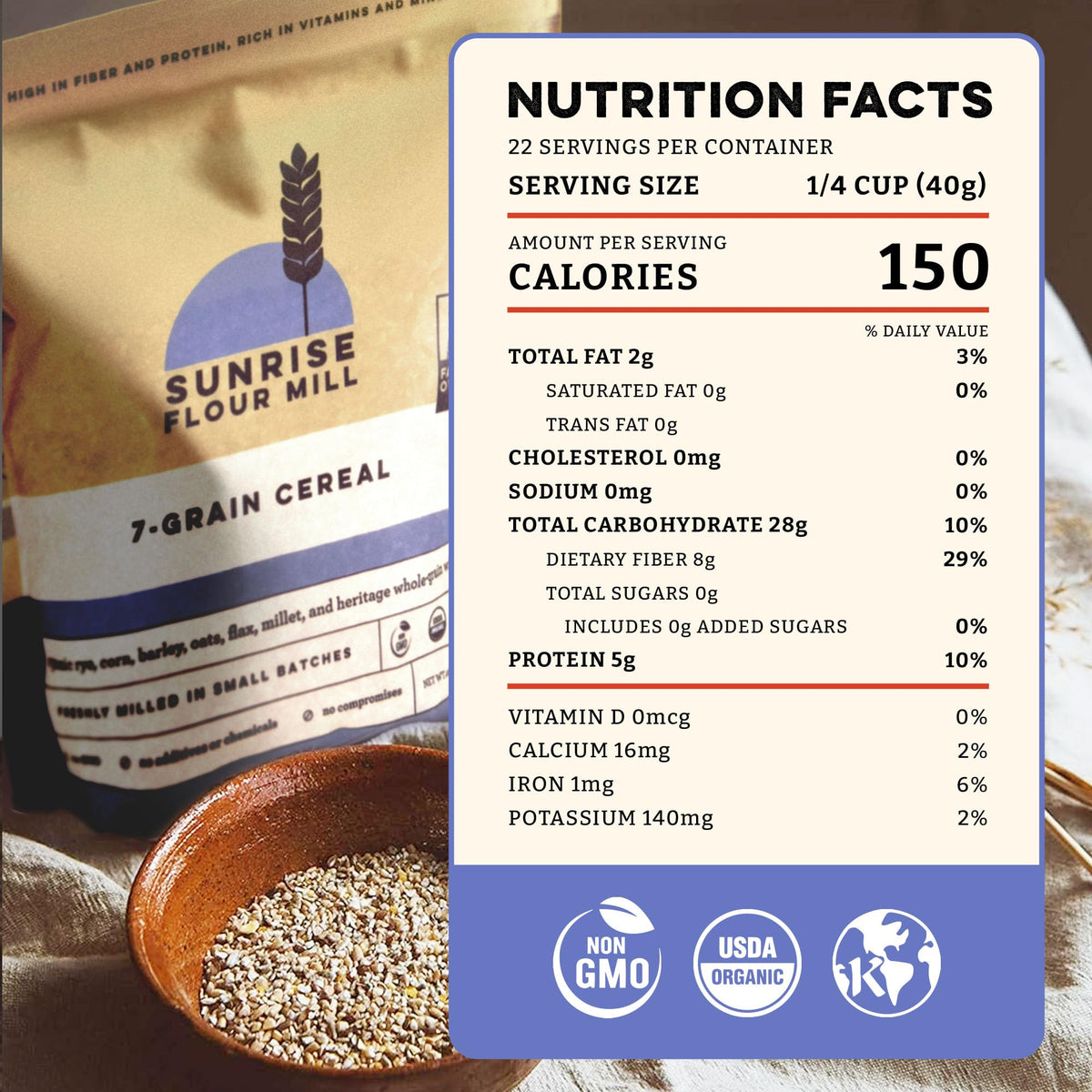Sunrise Flour Mill seven-grain hot cereal mix pour into bowl for quick breakfast.