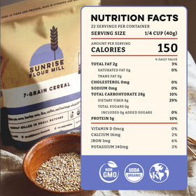 Sunrise Flour Mill seven-grain hot cereal mix pour into bowl for quick breakfast.