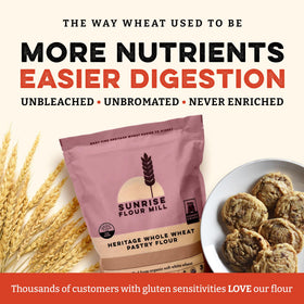 Sunrise Flour Mill soft white wheat pastry flour close-up for fluffy batters.
