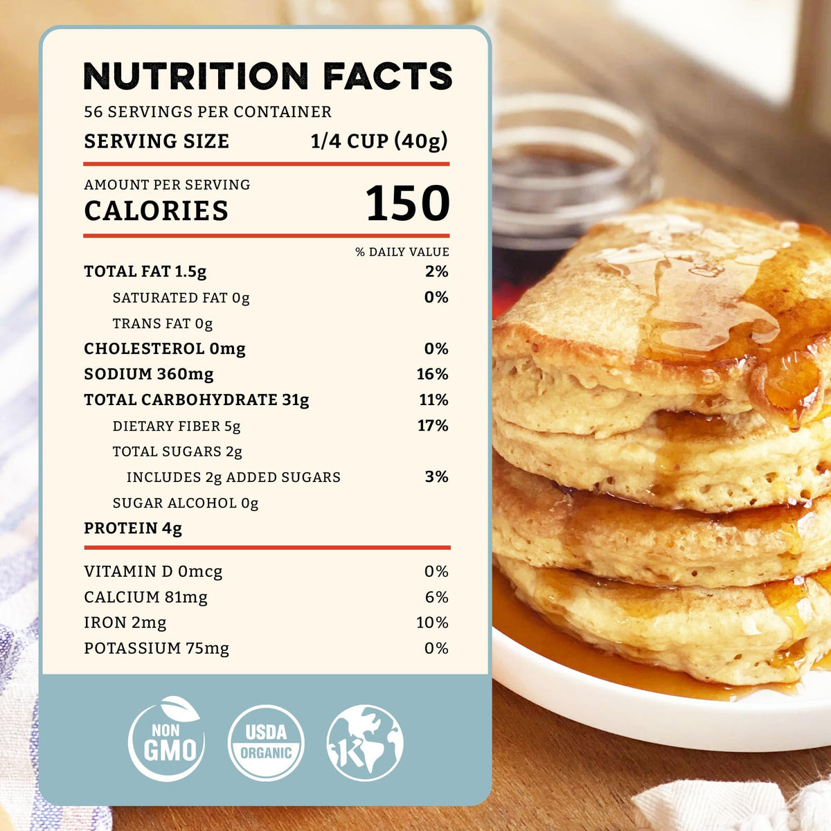 Stack of Sunrise Flour Mill pancakes with syrup showing airy texture